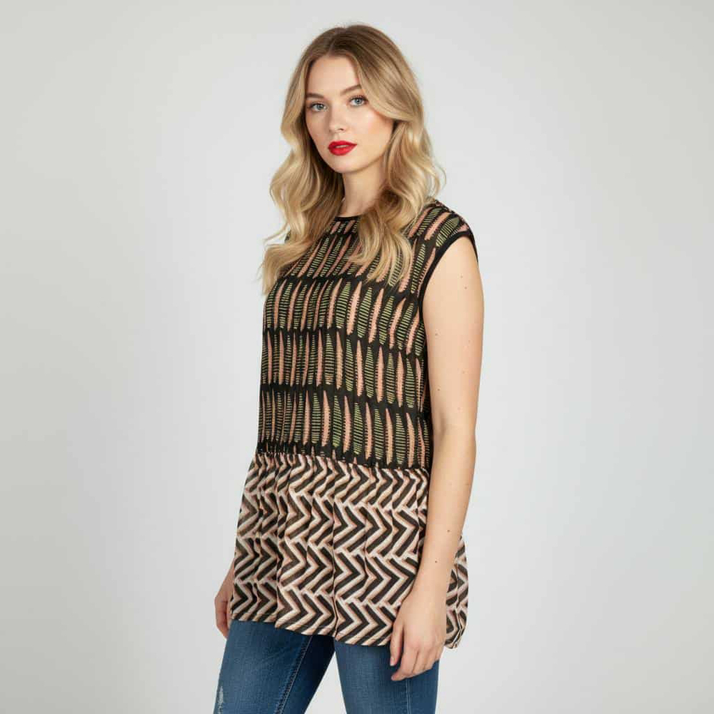 ZARA Geometric Print Crinkle Drop Waist Tunic Peplum Hem Blouse Size Small